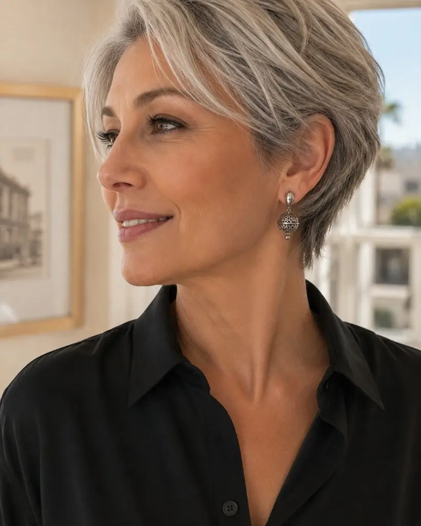 Woman 50+ wearing silver drop earrings