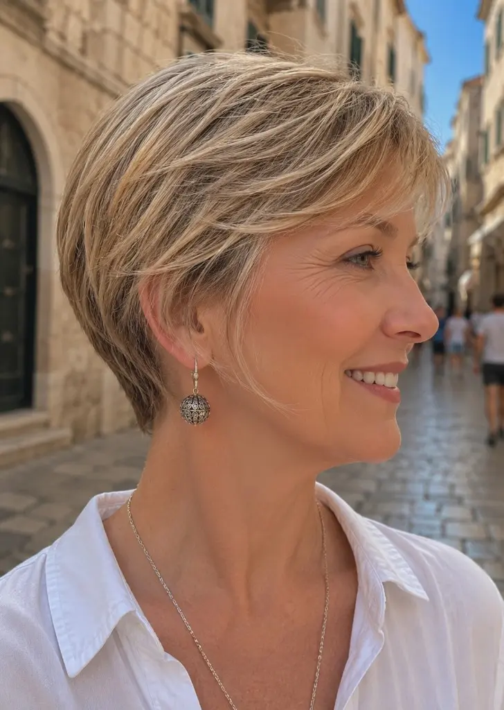 Woman with silver earrings and a delicate necklace