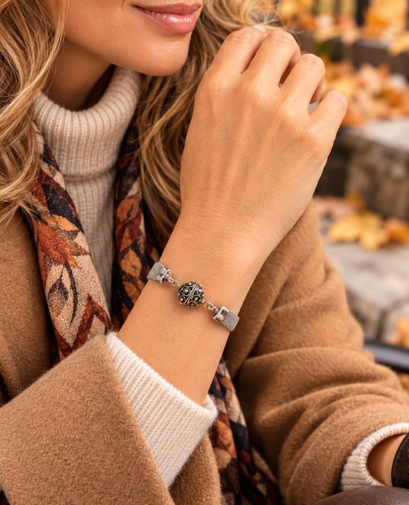 Silbernes Mesh-Armband mit ornamentaler Kugel